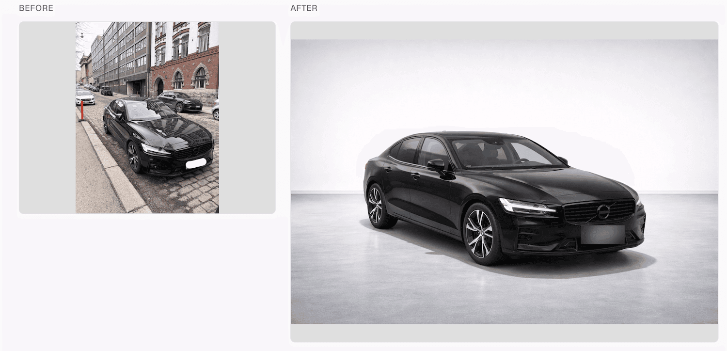 Before and after comparison of a Volvo V60 edited with WheelStage