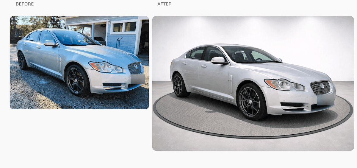 Before and after comparison of a Jaguar edited with WheelStage