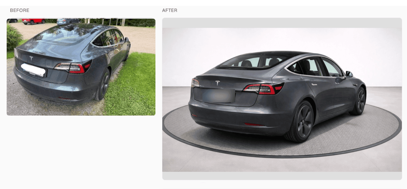 Before and after comparison of a Tesla Model 3 edited with WheelStage