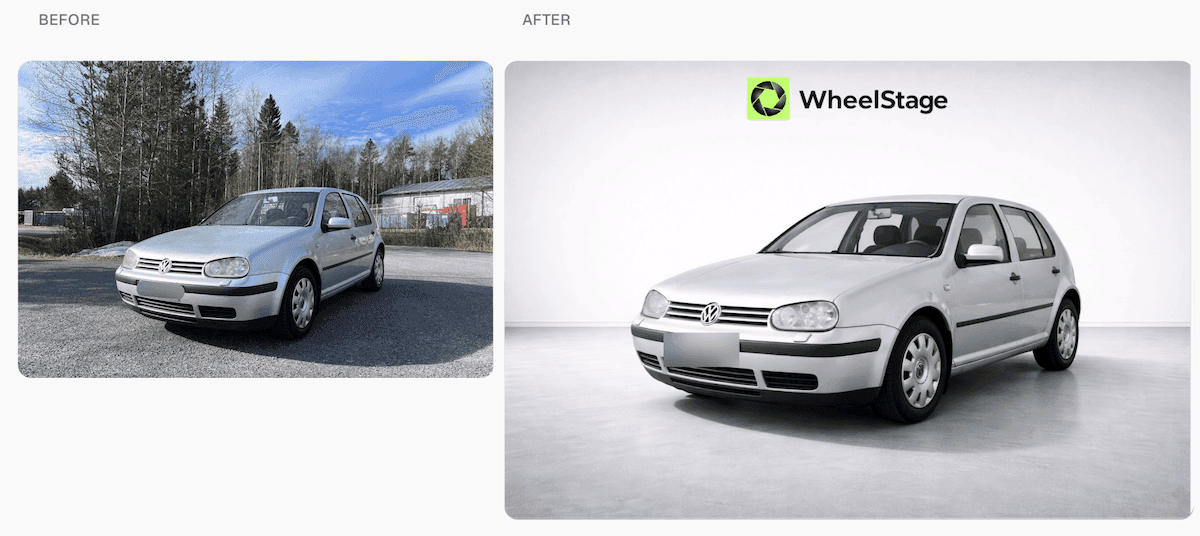 Before and after comparison of a Volkswagen edited with WheelStage